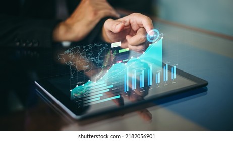 Business analysis big data screen and economic growth with financial graph. Concept of virtual dashboard technology digital marketing and global economy network connection. 3D illustration.