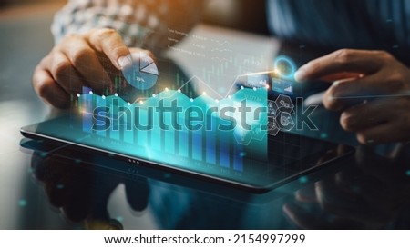 Business analysis big data screen and economic growth with financial graph. Concept of virtual dashboard technology digital marketing and global economy network connection. 3D illustration.