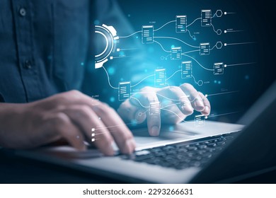 business analysis multi node processing icon technology with laptop.