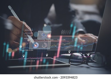 Business analysis, solution and planning concept. Businessman, finance analyst working on digital tablet analyzing sales data and economic growth graph chart, Digital marketing and stock market report - Shutterstock ID 2093394823