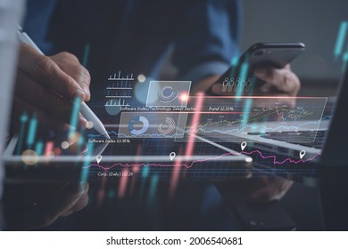 Business analysis, strategy and planning concept. Businessman, finance analyst working on digital tablet, business data and economic, economic growth, financial graph chart, stock market report 