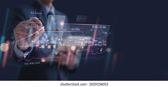 Unternehmensanalyse, Handelskonzept, Geschäftsmann, Finanzanalyst mithilfe digitaler Tablet-Computer, Analyse von Finanzdiagrammen, Börsenbericht, Konjunkturdiagramm, Geschäfts- und Technologiehintergrund