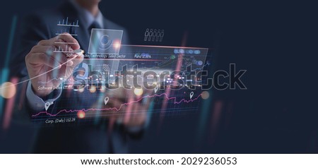 Business analysis, trading concept, Businessman, finance analyst using digital tablet, analyzing financial graph, stock market report, economic graph growth chart, business and technology background
