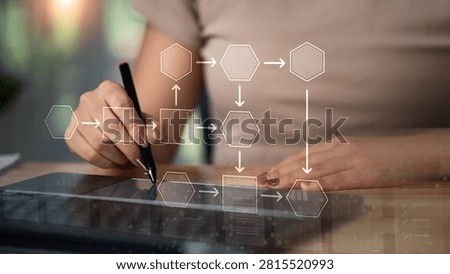 Business analyst designs efficient workflow processes using digital flowcharts, process mapping, workflow automation, operational planning, business optimization, task management, productivity