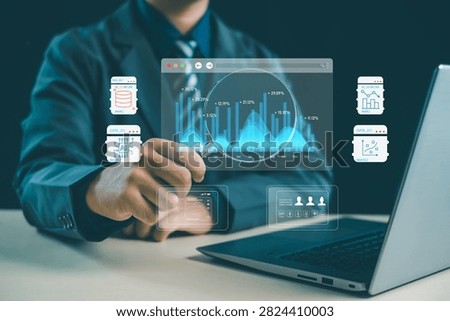 Business analyst examining big data analytics and AI-driven insights through a digital dashboard, highlighting data visualization, predictive analysis, business intelligence, and technology.