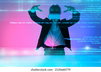 The business analyst manages business processes by touching a holographic screen. Contemporary digital business technologies.