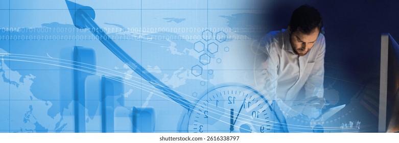 Business analyst is reviewing tablet by glowing monitor with flat design world map, bar chart. Technology, data, analytics, digital, corporate, innovation, finance - Powered by Shutterstock - Get 15% off with code: PIKWIZARD15