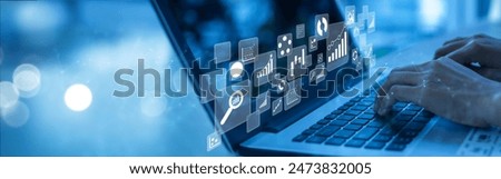 Business Analyst uses a computer and dashboard for data business analysis and Data Management System with KPI and metrics connected to the database for technology finance, operations, sales, marketing