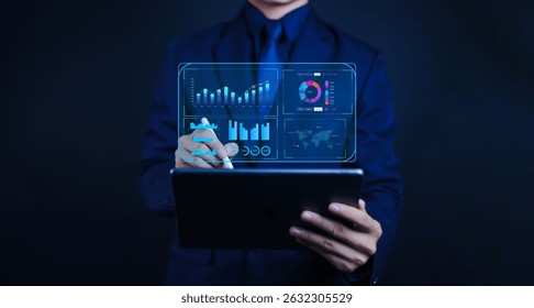 
Business analyst using dashboard for data analysis report graph and chart business finance data analysis digital marketing financial management technology cyberspace metaverse 