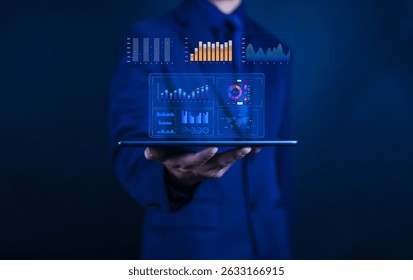Business analyst using dashboard for data analysis report graph and chart business finance data analysis digital marketing financial management technology cyberspace metaverse 