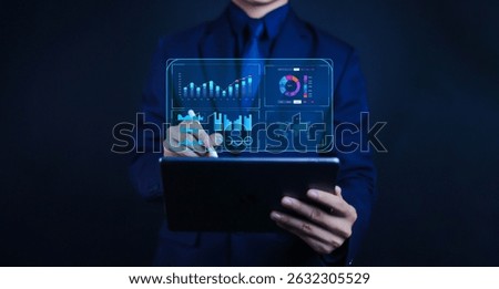 
Business analyst using dashboard for data analysis report graph and chart business finance data analysis digital marketing financial management technology cyberspace metaverse 