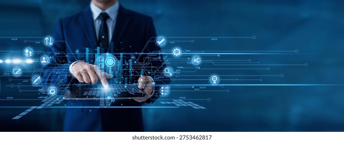 Business analyst using tablet analyzing assessment results and evaluation data on structure performance measurement systems. Strategic review process, analytical reporting and decision support.