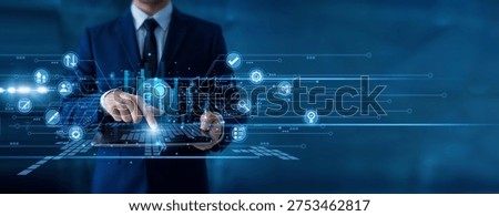 Business analyst using tablet analyzing assessment results and evaluation data on structure performance measurement systems. Strategic review process, analytical reporting and decision support.