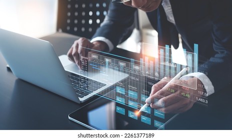 Business analytics (BA), Data analysis with key performance indicators (KPI) dashboard. Businessman project manager working digital tablet with sales data, financial report. Project management - Powered by Shutterstock