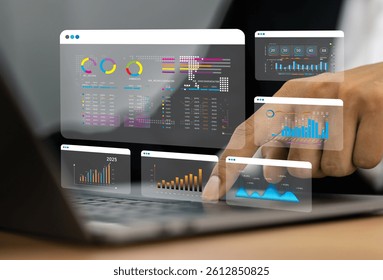 Business analytics, complex data with dashboards, multitasking expert data analyzing financial statistics, market research and digital marketing metrics, KPI, ROI, big data, financial planning