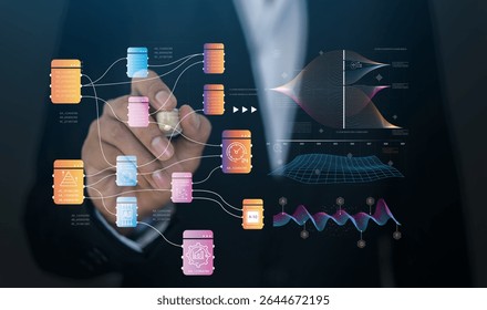 Business analytics, complex data with dashboards, multitasking expert data analyzing financial statistics, market research and digital marketing metrics, KPI, ROI, big data, financial planning