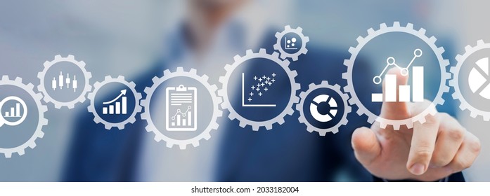 Business Analytics Consultant Working With Metrics And Charts To Build A Key Performance Indicator Dashboard For Senior Managers. Marketing Or Operations Management. Data Analyst Creating Report.