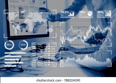 Business Analytics Dashboard Reporting Concept With Key Performance Indicators (KPI) And Two People Analyzing Sales Or Digital Marketing Data On Computer Screen In Background