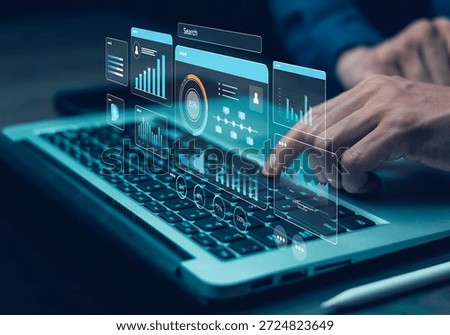 Business analytics dashboard with search interface and data visualization on laptop screen. Concept of digital analysis, performance tracking, data management, and modern business technology.