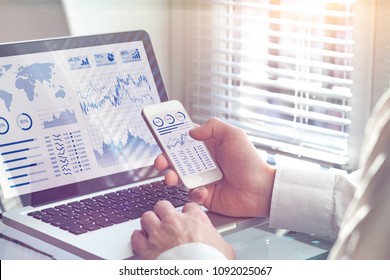 Business Analytics Dashboard Technology On Computer And Smartphone Screen With Key Performance Indicator (KPI) About Financial Operations Statistics And Return On Investment, Office Worker