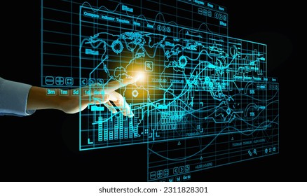 Business Analytics and Data Management System. A Man Analyzes Files and Reports from Global Database for Finance, Operations, Sales, and Marketing - Shutterstock ID 2311828301