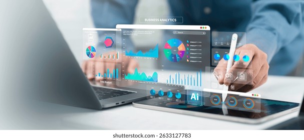 Business analytics and data management system to financial report with business performance, KPI or SEO dashboard. Corporate strategy, digital marketing plan. Finance analyst working with Ai