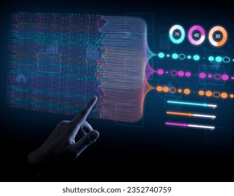 Business Analytics Finance Neural Network AI Big Data Technology Data scientists query, analyze, and visualize complex datasets on a virtual screen. information flow concept processing of bigdata