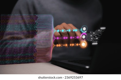 Business Analytics Finance Neural Network AI Big Data Technology Data scientists query, analyze, and visualize complex datasets on a virtual screen. information flow concept processing of bigdata