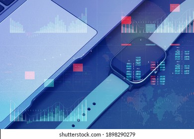 Business Analytics With Key Performance Indicators Dashboard Concept. Smart Watch And Silver Laptop On A Dark Background