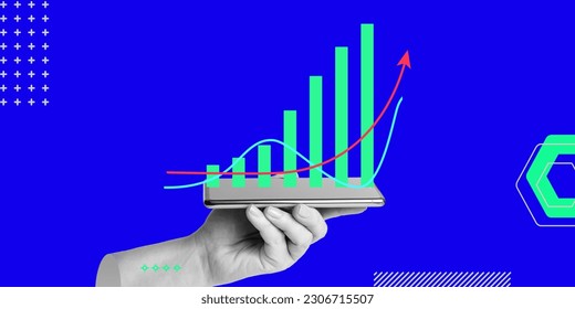 Business, analytics, mobile apps for financial management, mobile banking, Investment, trade. Smartphone in hand and rising charts. Minimalist art collage - Powered by Shutterstock - Get 15% off with code: PIKWIZARD15