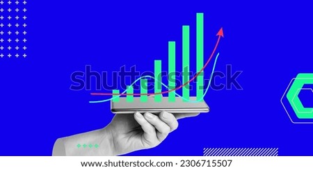 Business, analytics, mobile apps for financial management, mobile banking, Investment, trade. Smartphone in hand and rising charts. Minimalist art collage