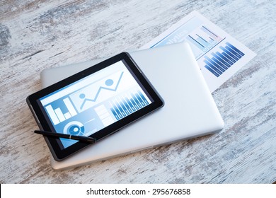 Business Analytics On A Wooden Desk With A Tablet PC.
