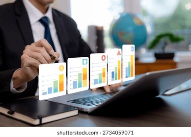 Business analytics and performance analysis concept with multiple data charts and KPI reports displayed above laptop. Financial growth, risk evaluation, strategy, and corporate decision making.