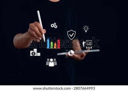 Business analytics and performance management concept featuring KPI dashboard, financial metrics, team collaboration, strategic planning, data visualization, and corporate growth insights.