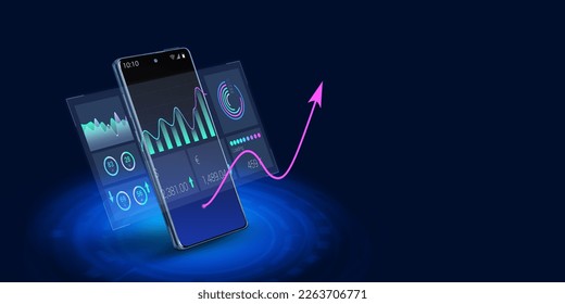 Business analytics and the rising arrow on smartphone screen. E-commerce, data accounting, mobile apps for traffic analysis, profit concept. Copy Space - Powered by Shutterstock