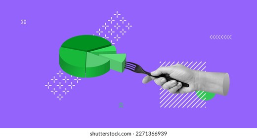 Business analytics, statistical data collection, profit sharing, information management concept. Hand with fork holding piece of pie diagram. Minimalistic art collage