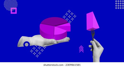 Business analytics, statistical data collection, the concept of profit sharing. A hand extends a groovy diagram and the other hand holds one segment with a fork. Minimalist Art Collage