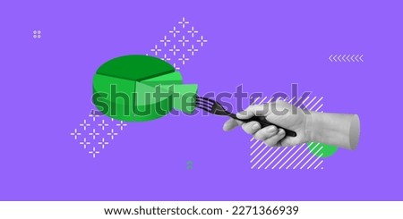 Business analytics, statistical data collection, profit sharing, information management concept. Hand with fork holding piece of pie diagram. Minimalistic art collage
