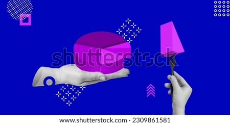 Business analytics, statistical data collection, the concept of profit sharing. A hand extends a groovy diagram and the other hand holds one segment with a fork. Minimalist Art Collage
