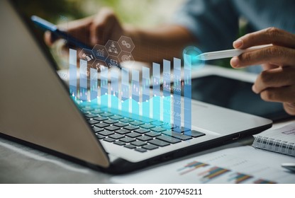 Business analyzing big data and economic growth with financial diagram graph. Concept of virtual dashboard technology digital marketing and global network connection from computer. 3D illustration.