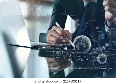 Business And Artificial Intelligence AI, Data Science, Digital Technology Concept. Businessman Working With Laptop Computer And Big Data, Global Internet Network, Business Analysis