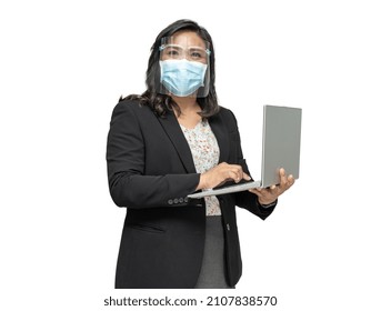 Business asian lady wearing face shield and face mask holding laptop isolated on white background with clipping path. - Powered by Shutterstock