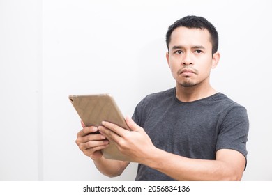 Business Asian Man Use Ipad Tablet Computer Standing On White Background