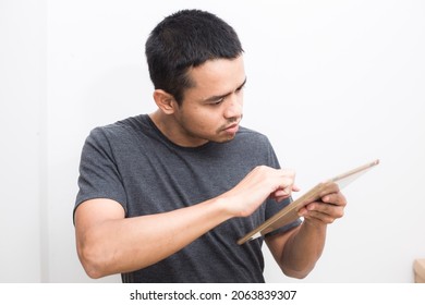 Business Asian Man Use Ipad Tablet Computer Standing On White Background