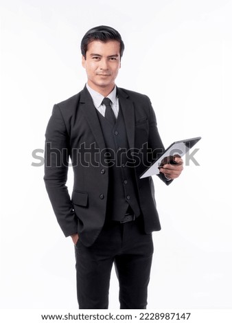 Business Asian man using smart phone tablet computer isolated on white background with copy space - lifestyle business people concept