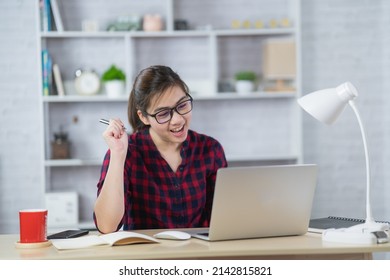 Business Asian Woman Smile And Working Online With Laptop At Home And Work Success Cheerful And Happiness, Business Concept.