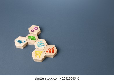 Business attributes Figures . Creation of a successful company. Development of leadership organizational skills. Business tools services. Stimulating entrepreneurship. Education, management training. - Shutterstock ID 2032886546