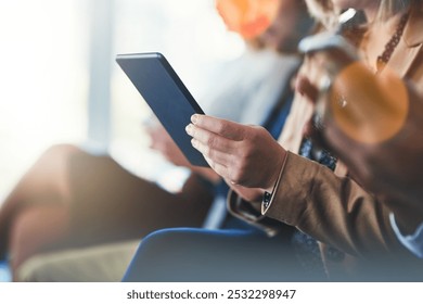 Business, audience or hands with tablet in conference for online notes, seminar information or digital interaction. Bokeh, people or crowd in training workshop with technology for convention feedback - Powered by Shutterstock