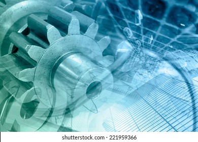 Business Background With Gears And Digits, In Greens And Blues.