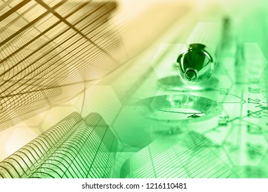 Business background with graph, pen and buildings.